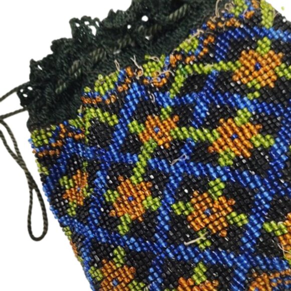 Antique Victorian 1900s Small Floral Beaded Reticule Handbag With Drawstring Top - Picture 4 of 5